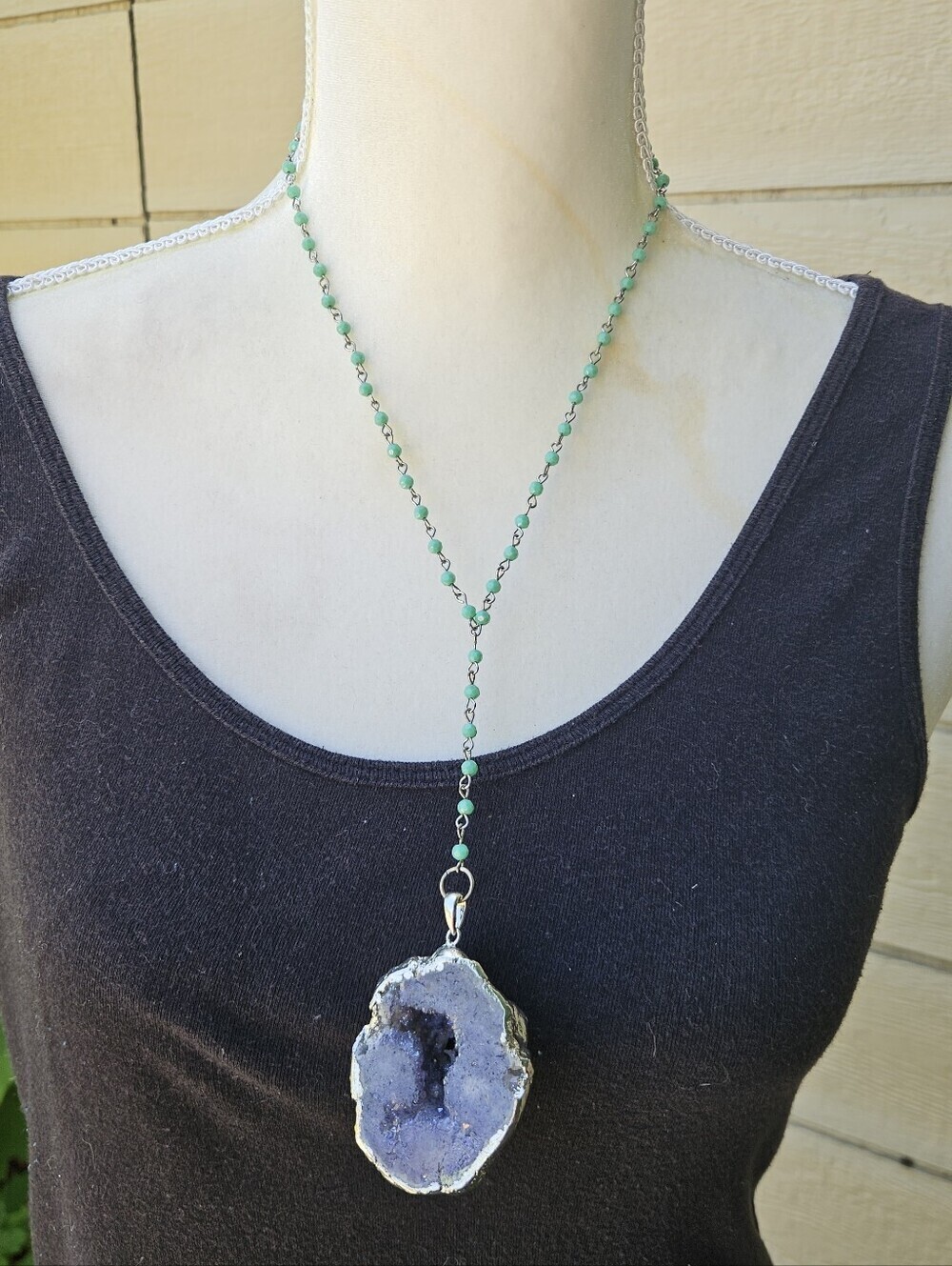 silver-dipped purple-blue geode necklace with turquoise-green beads